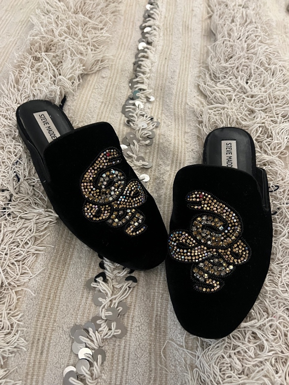 Steve Madden Hyde Black Velvet Slide Loafers Size 8 - Rhinestone Snake